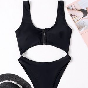 Cut Out Zip Front One Piece Swimsuit